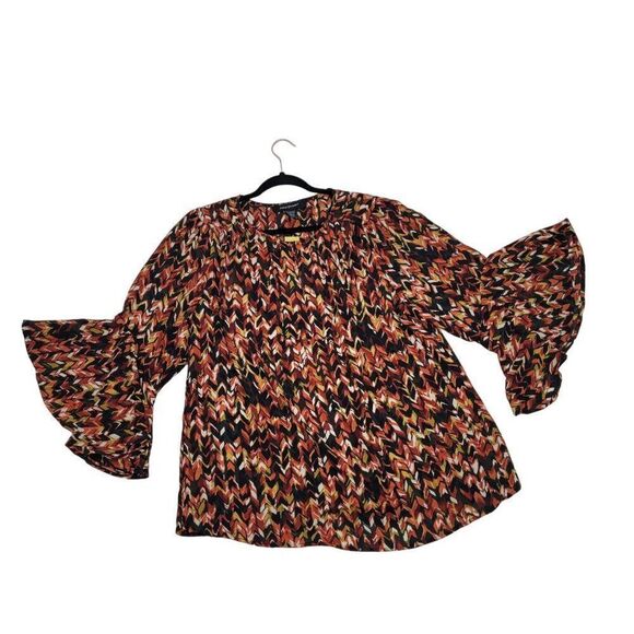 Ashley Stewart Flounce Sleeve Blouse 14/16 Multicolor Chevron Jewel Cutout Boho - Picture 1 of 14
